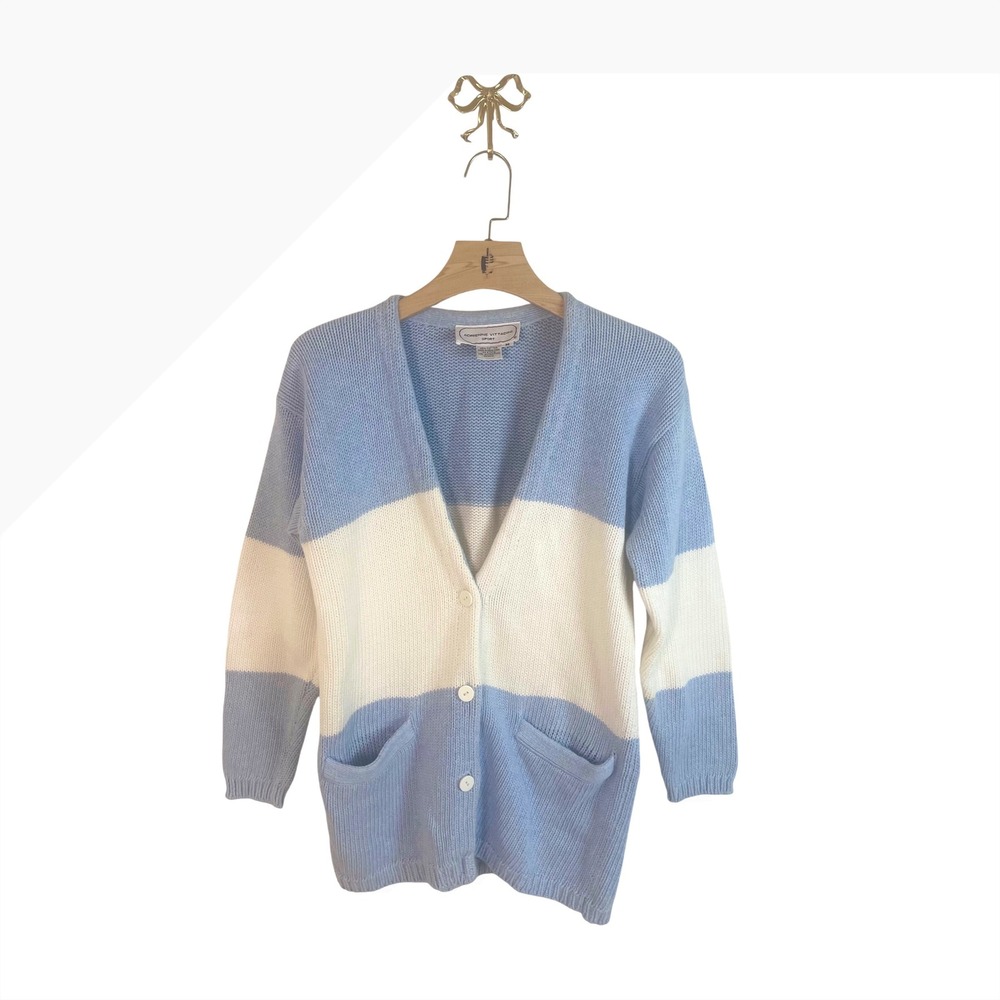 Adrienne Vittadini Sport Vintage Blue White Colorblock Cotton Cardigan Sweater M